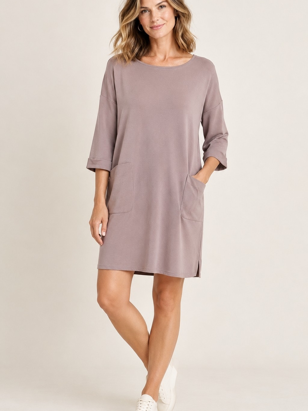 Pure Jill SandWashed Relaxed Pocket Shift Dress Taupe Size M Petite Fall Stretch